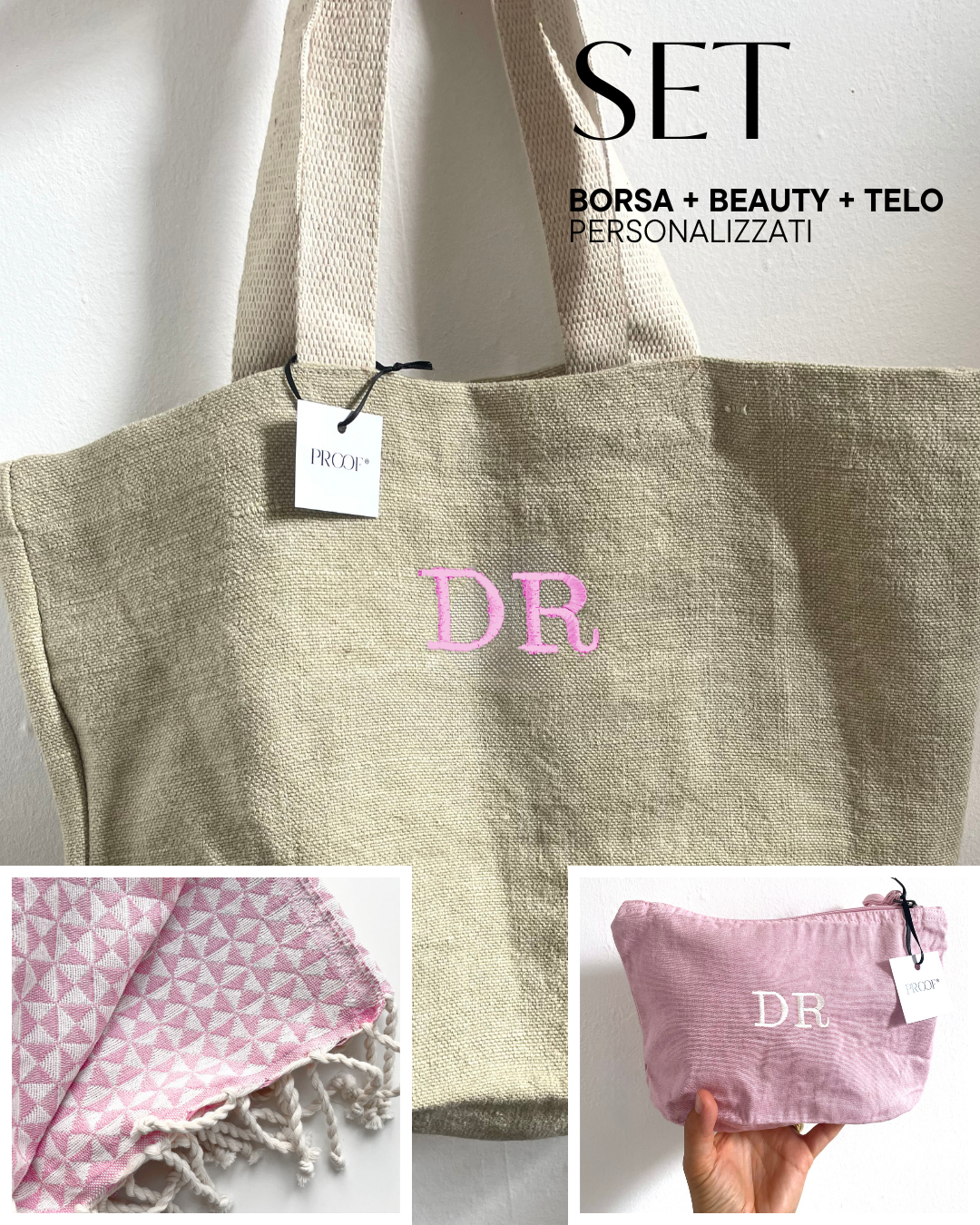 Set mare Borsa corda + Beauty rosa + Telo mare rosa personalizzati