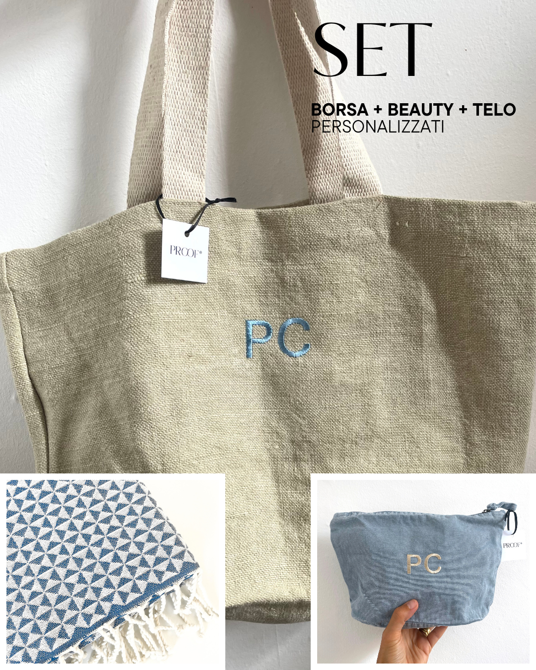 Set mare Borsa corda + Beauty azzurro + Telo mare blu personalizzati