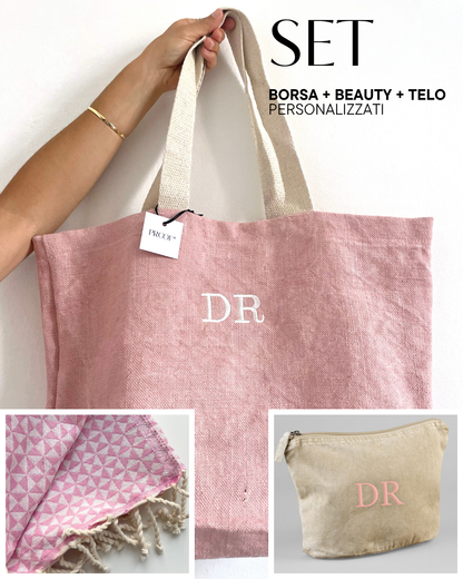 Set mare Borsa rosa + Beauty corda + Telo mare personalizzati