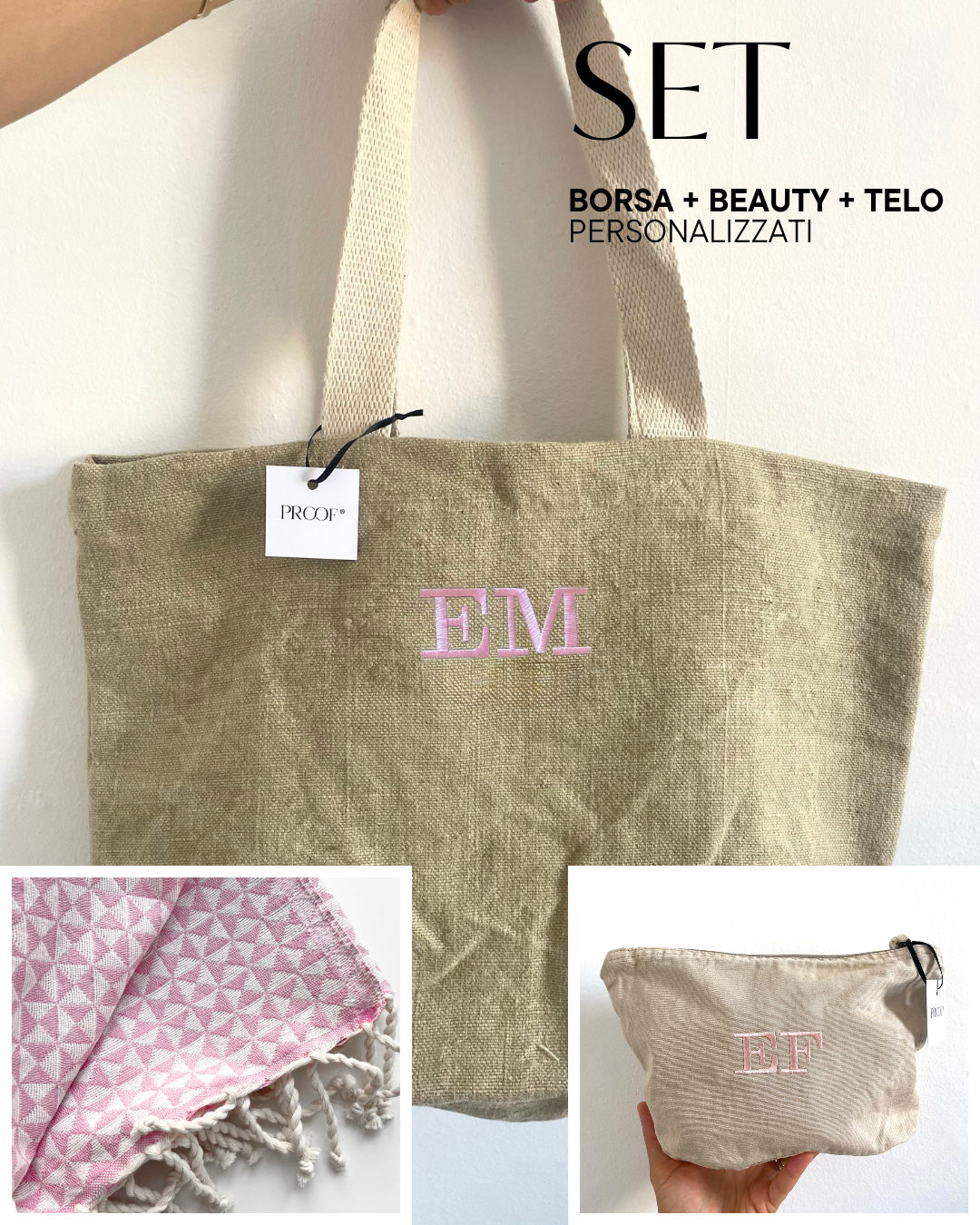 Set mare Borsa corda + Beauty beige + Telo mare rosa personalizzati