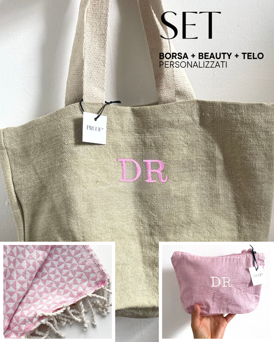 Set mare Borsa corda + Beauty rosa + Telo mare rosa personalizzati
